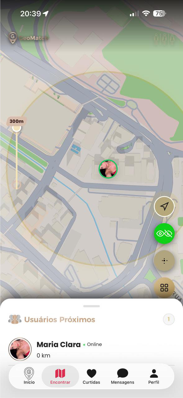 Tela do mapa do GeoMatch com pessoas próximas