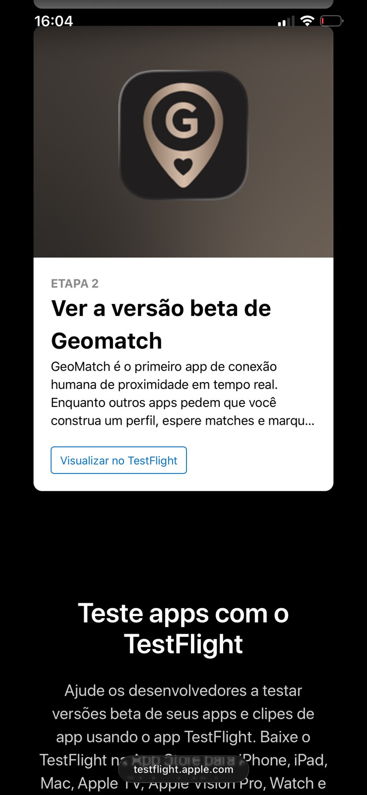 Tela mostrando o card Ver a versão beta de Geomatch