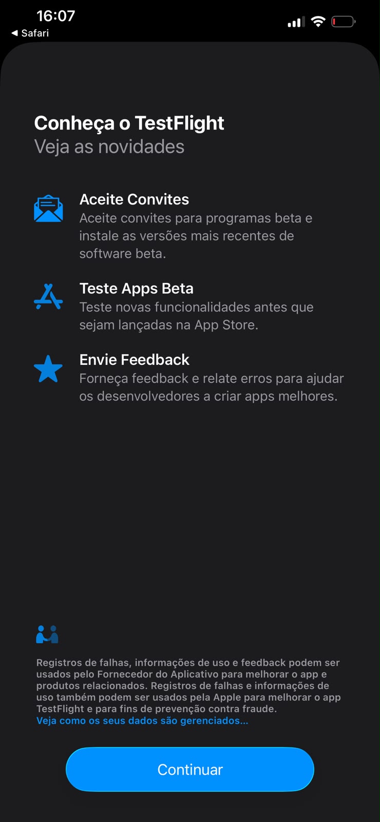 Tela de boas-vindas do app TestFlight