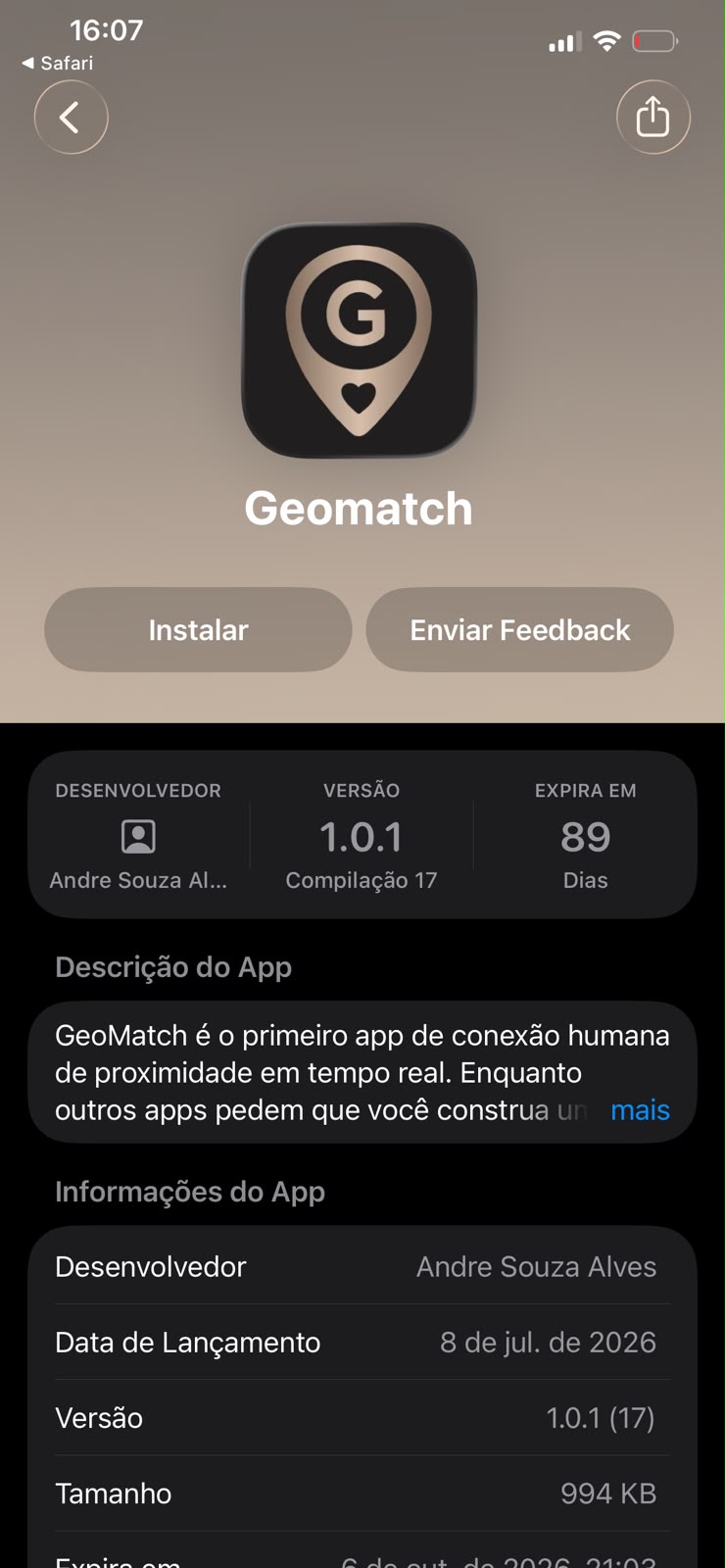 Página do app GeoMatch dentro do TestFlight, com botão Instalar