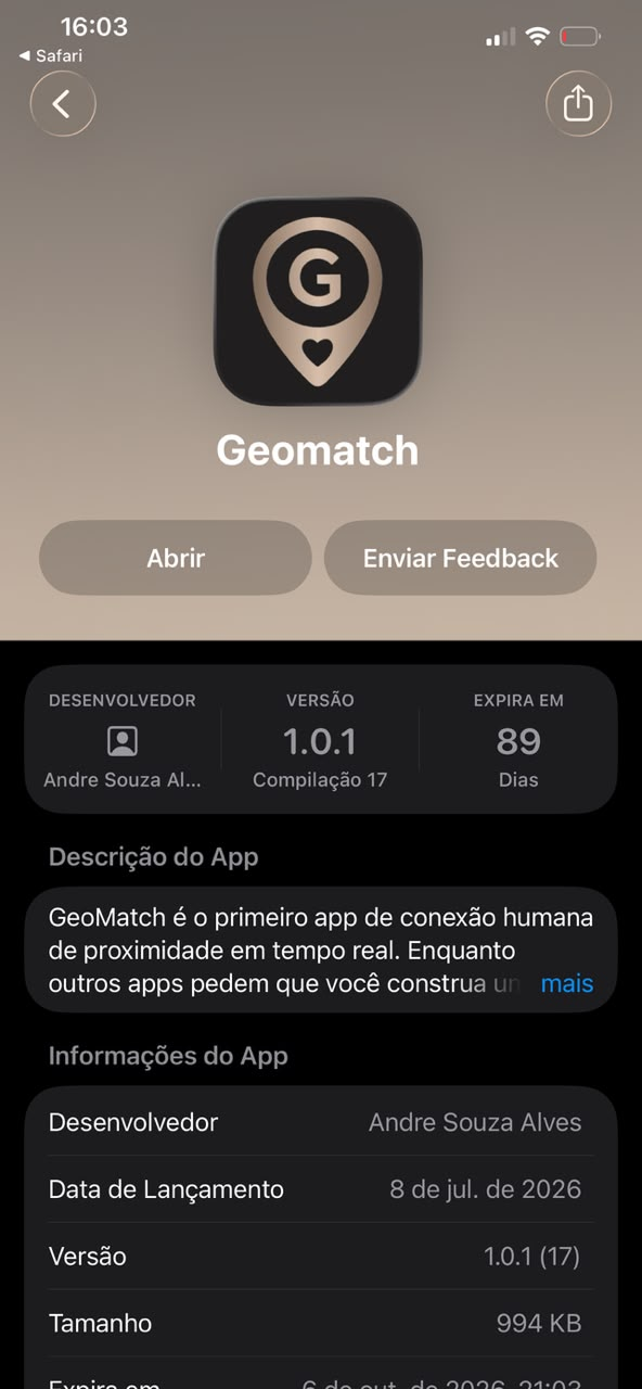 Página do app GeoMatch com botão Abrir, pronto para usar